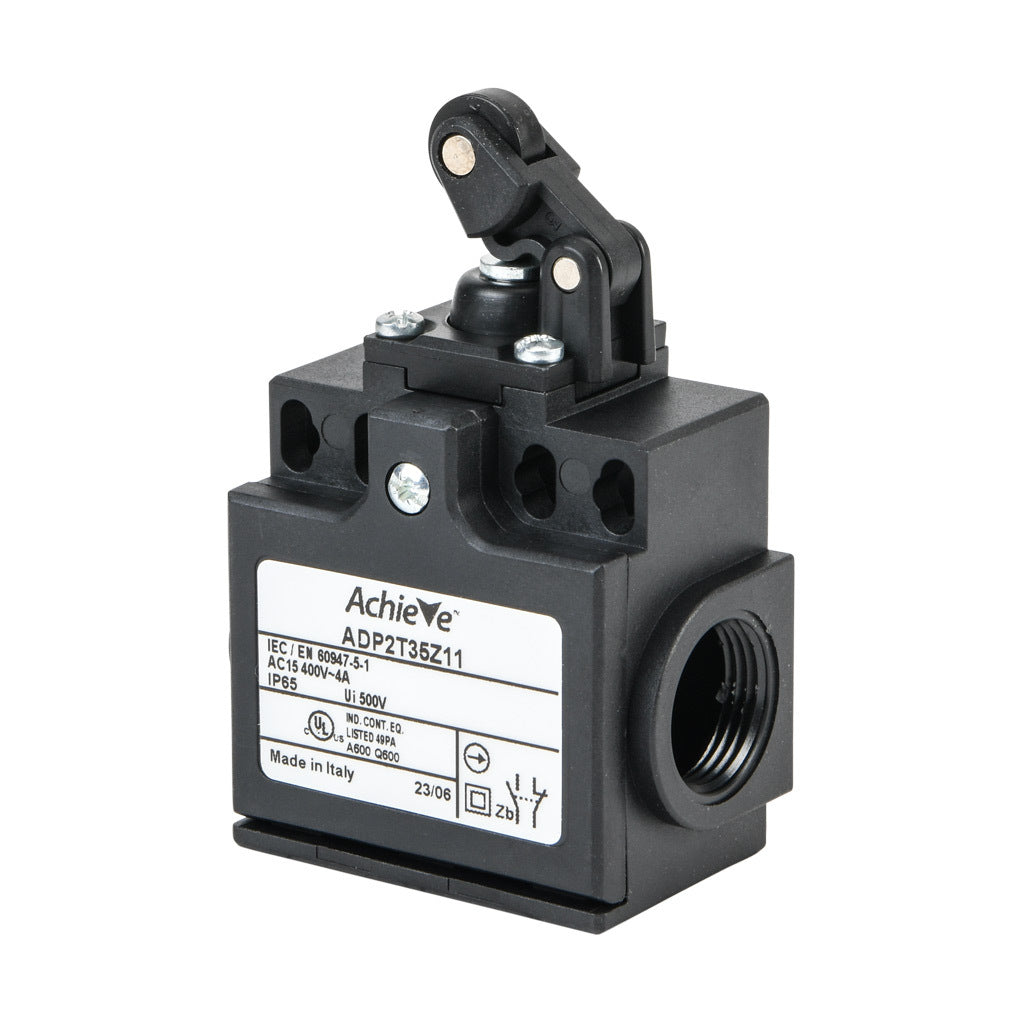 AchieVe IEC limit switch, one-way horizontal lever with metal roller and dust cap, 90-degree adjustable head, (1) N.O./(1) N.C. contact(s), snap action, 20-22mm or 40-42mm hole spacing, plastic, (2) PG11 cable entries with (1) 1/2in NPT adapter.-ADP2T35Z11