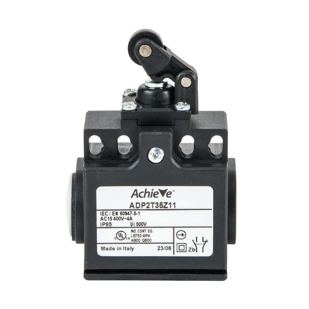 AchieVe IEC limit switch, one-way horizontal lever with metal roller and dust cap, 90-degree adjustable head, (1) N.O./(1) N.C. contact(s), snap action, 20-22mm or 40-42mm hole spacing, plastic, (2) PG11 cable entries with (1) 1/2in NPT adapter.-ADP2T35Z11