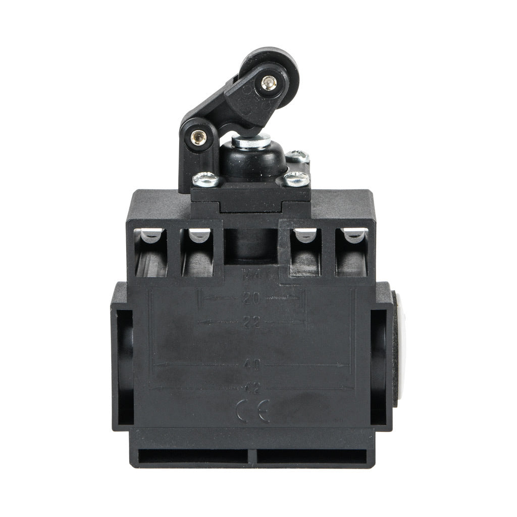 AchieVe IEC limit switch, one-way horizontal lever with metal roller and dust cap, 90-degree adjustable head, (1) N.O./(1) N.C. contact(s), snap action, 20-22mm or 40-42mm hole spacing, plastic, (2) PG11 cable entries with (1) 1/2in NPT adapter.-ADP2T35Z11