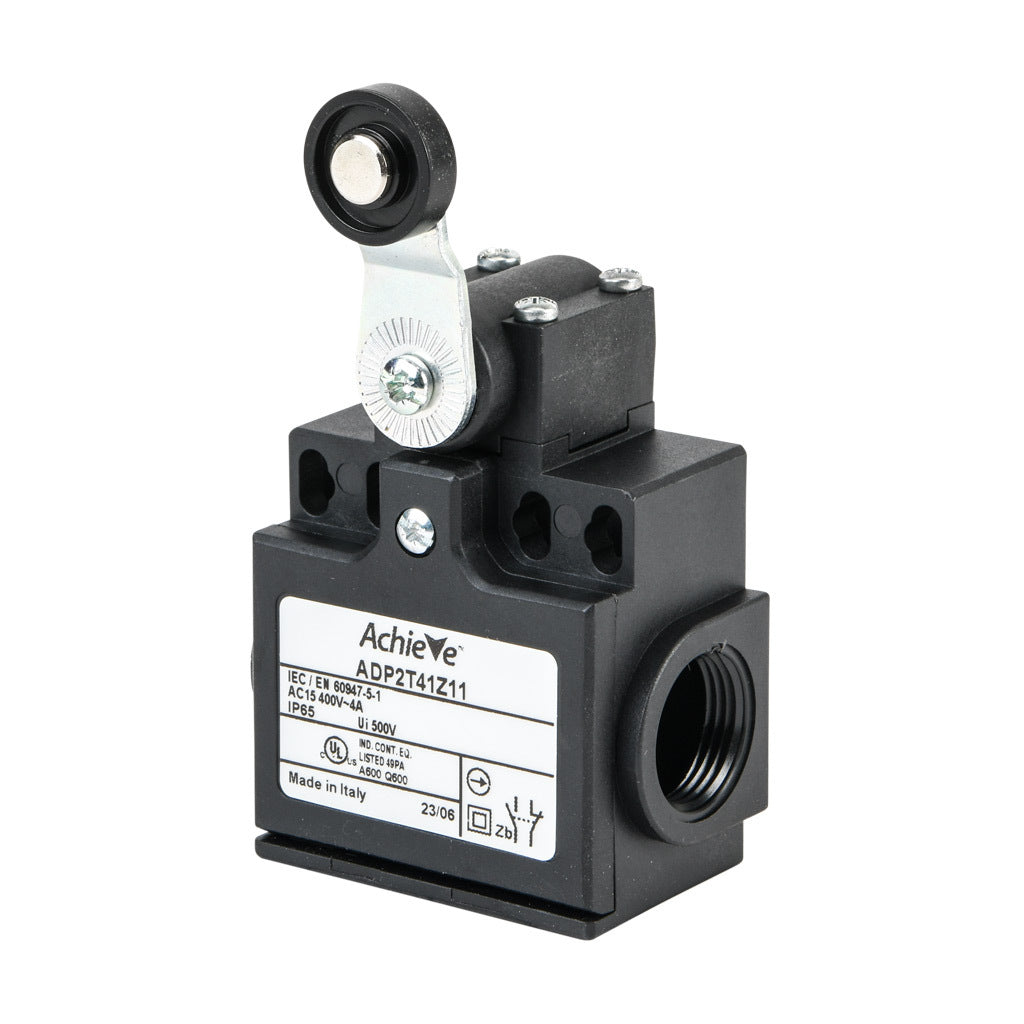 AchieVe IEC limit switch, side rotary lever with 18mm nylon roller, 90-degree adjustable head, (1) N.O./(1) N.C. contact(s), snap action, 20-22mm or 40-42mm hole spacing, plastic, (2) PG11 cable entries with (1) 1/2in NPT adapter.-ADP2T41Z11