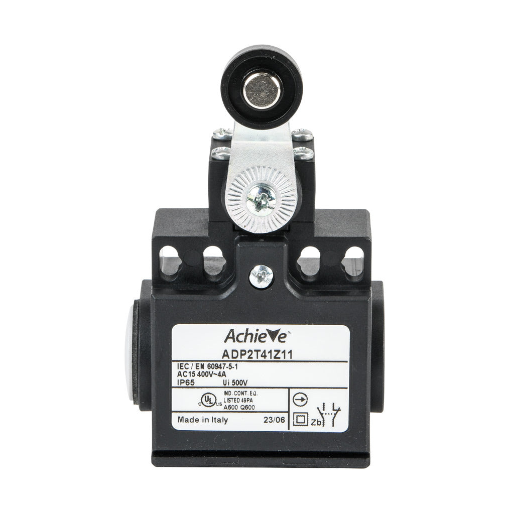 AchieVe IEC limit switch, side rotary lever with 18mm nylon roller, 90-degree adjustable head, (1) N.O./(1) N.C. contact(s), snap action, 20-22mm or 40-42mm hole spacing, plastic, (2) PG11 cable entries with (1) 1/2in NPT adapter.-ADP2T41Z11