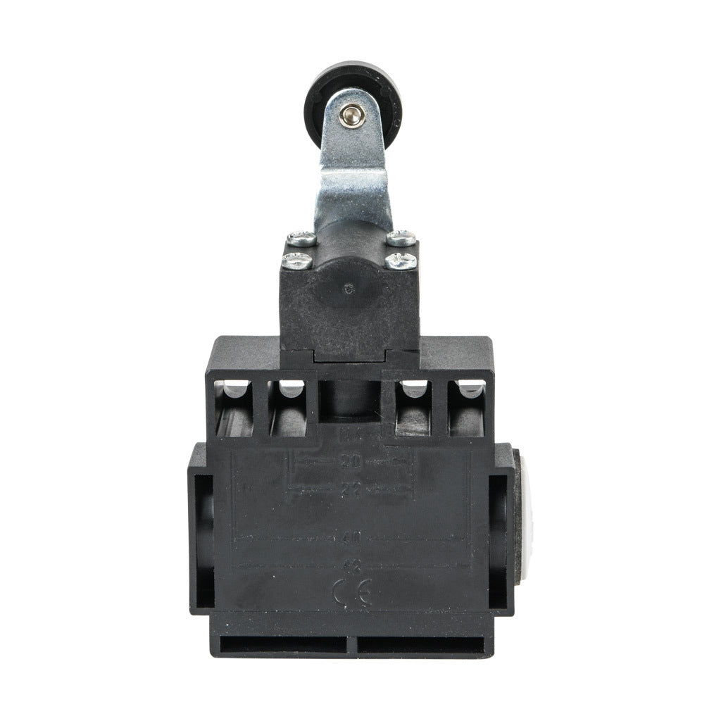 AchieVe IEC limit switch, side rotary lever with 18mm nylon roller, 90-degree adjustable head, (1) N.O./(1) N.C. contact(s), snap action, 20-22mm or 40-42mm hole spacing, plastic, (2) PG11 cable entries with (1) 1/2in NPT adapter.-ADP2T41Z11