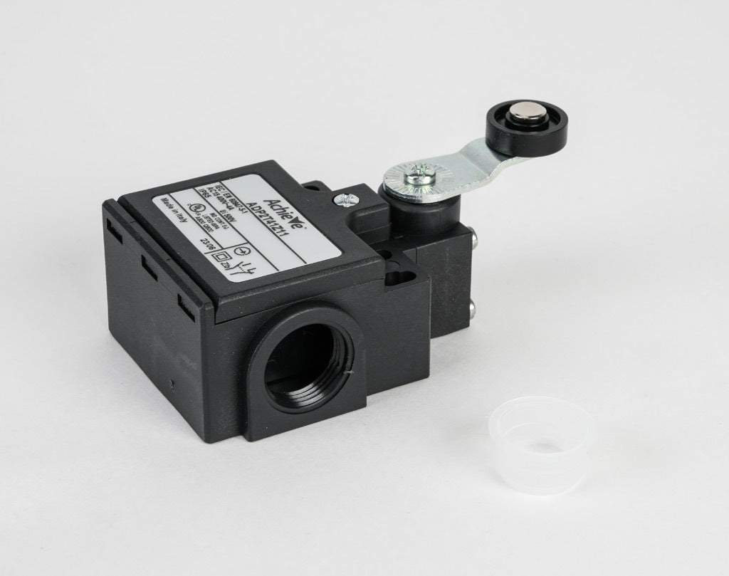 AchieVe IEC limit switch, side rotary lever with 18mm nylon roller, 90-degree adjustable head, (1) N.O./(1) N.C. contact(s), snap action, 20-22mm or 40-42mm hole spacing, plastic, (2) PG11 cable entries with (1) 1/2in NPT adapter.-ADP2T41Z11