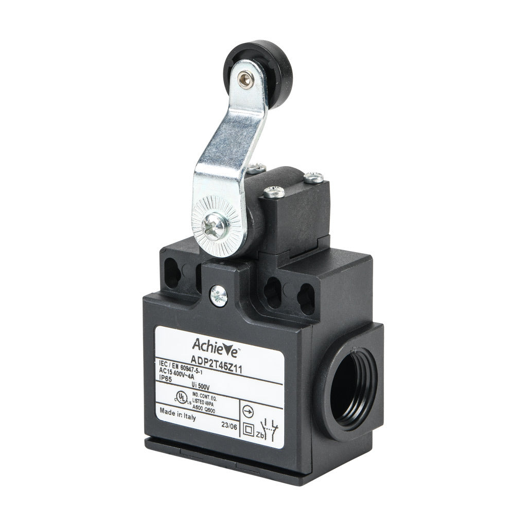 AchieVe IEC limit switch, side rotary lever inward with 18mm nylon roller, 90-degree adjustable head, (1) N.O./(1) N.C. contact(s), snap action, 20-22mm or 40-42mm hole spacing, plastic, (2) PG11 cable entries with (1) 1/2in NPT adapter.-ADP2T45Z11