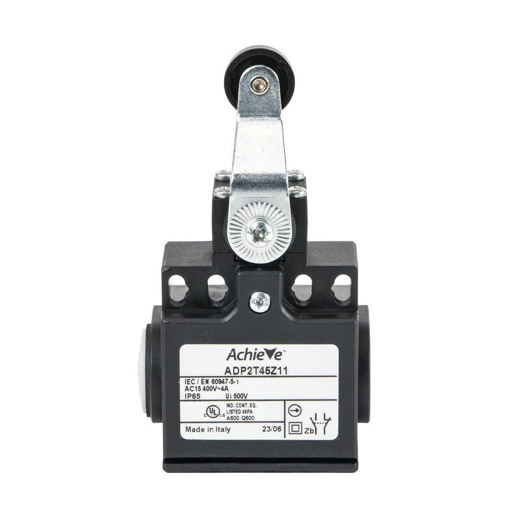 AchieVe IEC limit switch, side rotary lever inward with 18mm nylon roller, 90-degree adjustable head, (1) N.O./(1) N.C. contact(s), snap action, 20-22mm or 40-42mm hole spacing, plastic, (2) PG11 cable entries with (1) 1/2in NPT adapter.-ADP2T45Z11