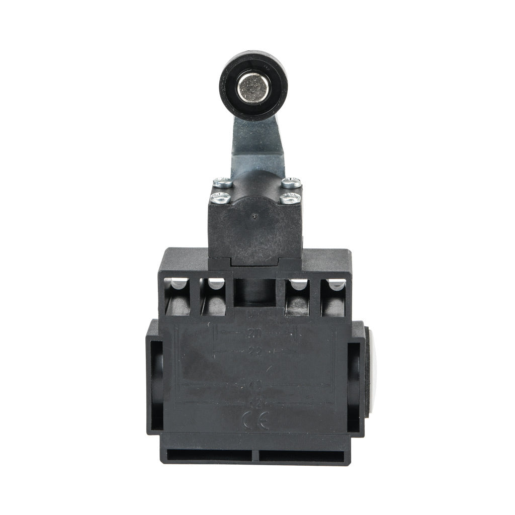 AchieVe IEC limit switch, side rotary lever inward with 18mm nylon roller, 90-degree adjustable head, (1) N.O./(1) N.C. contact(s), snap action, 20-22mm or 40-42mm hole spacing, plastic, (2) PG11 cable entries with (1) 1/2in NPT adapter.-ADP2T45Z11