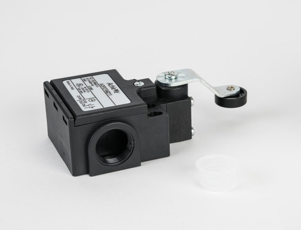 AchieVe IEC limit switch, side rotary lever inward with 18mm nylon roller, 90-degree adjustable head, (1) N.O./(1) N.C. contact(s), snap action, 20-22mm or 40-42mm hole spacing, plastic, (2) PG11 cable entries with (1) 1/2in NPT adapter.-ADP2T45Z11