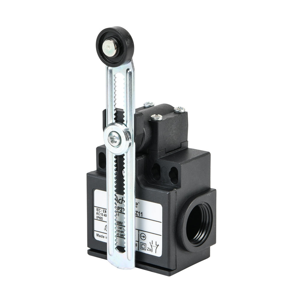 AchieVe IEC limit switch, side rotary 2mm step adjustable lever with 18mm nylon roller, 90-degree adjustable head, (1) N.O./(1) N.C. contact(s), snap action, 20-22mm or 40-42mm hole spacing, plastic, (2) PG11 cable entries with (1) 1/2in NPT adapter.-ADP2T5100Z11
