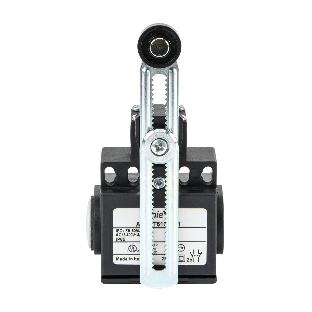 AchieVe IEC limit switch, side rotary 2mm step adjustable lever with 18mm nylon roller, 90-degree adjustable head, (1) N.O./(1) N.C. contact(s), snap action, 20-22mm or 40-42mm hole spacing, plastic, (2) PG11 cable entries with (1) 1/2in NPT adapter.-ADP2T5100Z11