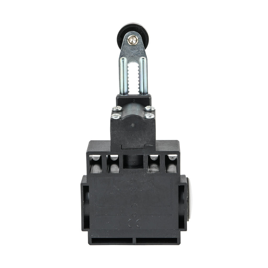AchieVe IEC limit switch, side rotary 2mm step adjustable lever with 18mm nylon roller, 90-degree adjustable head, (1) N.O./(1) N.C. contact(s), snap action, 20-22mm or 40-42mm hole spacing, plastic, (2) PG11 cable entries with (1) 1/2in NPT adapter.-ADP2T5100Z11