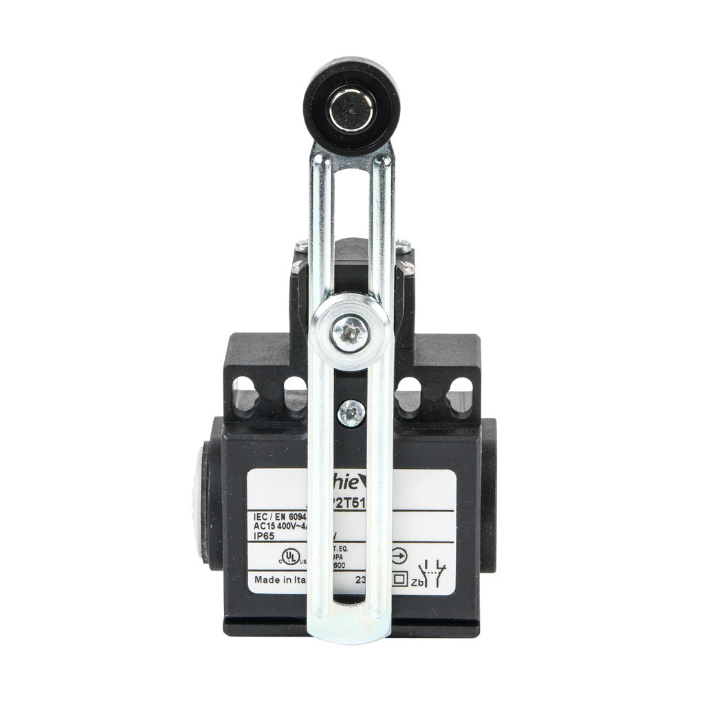 AchieVe IEC limit switch, side rotary adjustable lever with 18mm nylon roller, 90-degree adjustable head, (1) N.O./(1) N.C. contact(s), snap action, 20-22mm or 40-42mm hole spacing, plastic, (2) PG11 cable entries with (1) 1/2in NPT adapter.-ADP2T51Z11