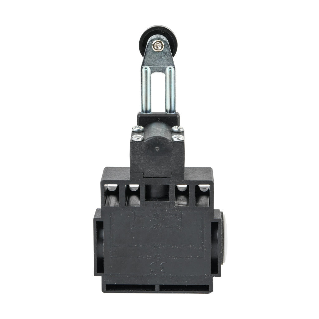 AchieVe IEC limit switch, side rotary adjustable lever with 18mm nylon roller, 90-degree adjustable head, (1) N.O./(1) N.C. contact(s), snap action, 20-22mm or 40-42mm hole spacing, plastic, (2) PG11 cable entries with (1) 1/2in NPT adapter.-ADP2T51Z11