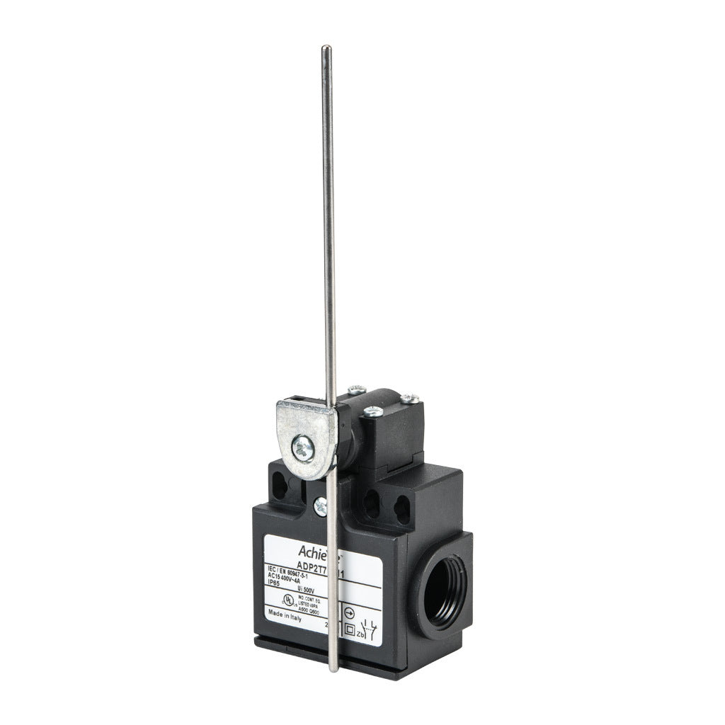 AchieVe IEC limit switch, side rotary adjustable 3mm stainless steel rod, 90-degree adjustable head, (1) N.O./(1) N.C. contact(s), snap action, 20-22mm or 40-42mm hole spacing, plastic, (2) PG11 cable entries with (1) 1/2in NPT adapter.-ADP2T71Z11