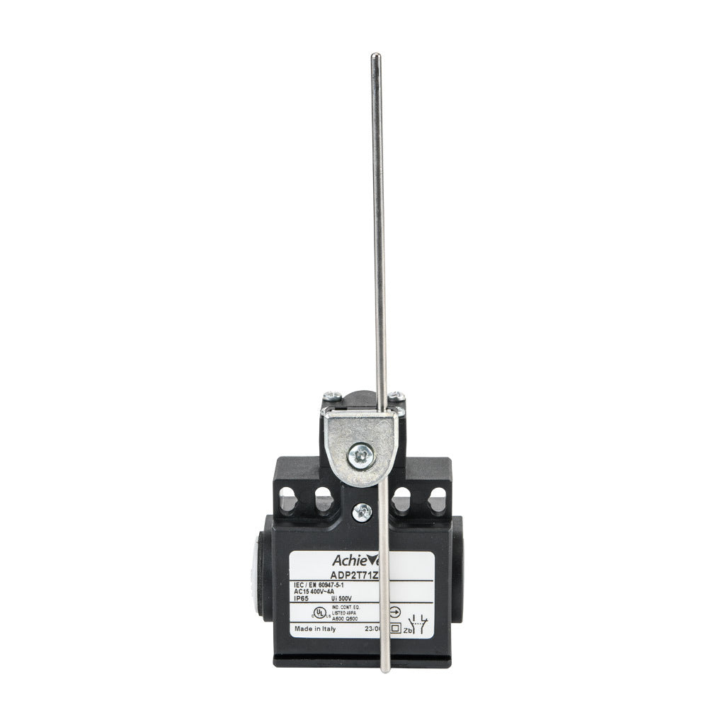 AchieVe IEC limit switch, side rotary adjustable 3mm stainless steel rod, 90-degree adjustable head, (1) N.O./(1) N.C. contact(s), snap action, 20-22mm or 40-42mm hole spacing, plastic, (2) PG11 cable entries with (1) 1/2in NPT adapter.-ADP2T71Z11