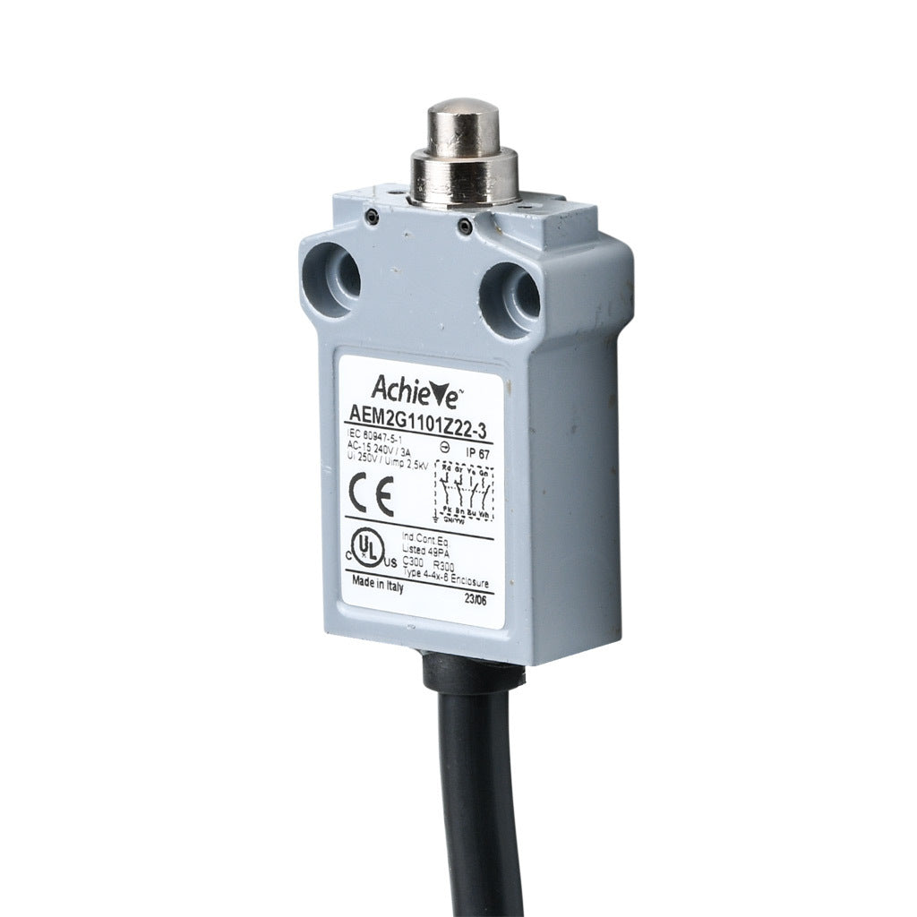 AchieVe compact limit switch, metal plunger, (2) N.O./(2) N.C. contact(s), snap action, 25mm hole spacing, zinc alloy, pigtail, 9.8ft/3m cable length, bottom exit.-AEM2G1101Z22-3