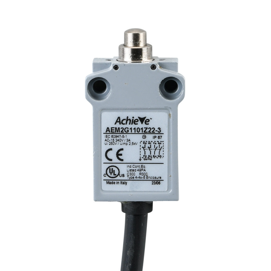 AchieVe compact limit switch, metal plunger, (2) N.O./(2) N.C. contact(s), snap action, 25mm hole spacing, zinc alloy, pigtail, 9.8ft/3m cable length, bottom exit.-AEM2G1101Z22-3