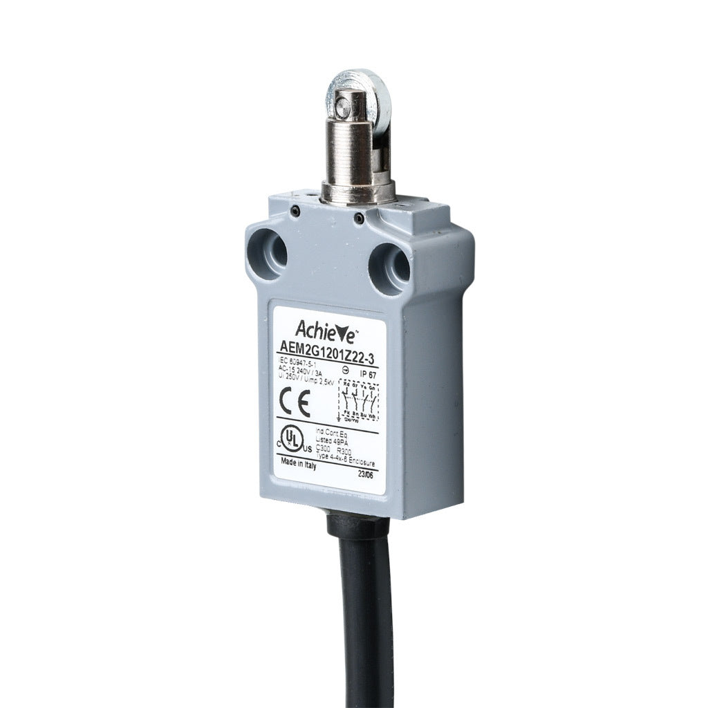 AchieVe compact limit switch, metal plunger with metal roller, (2) N.O./(2) N.C. contact(s), snap action, 25mm hole spacing, zinc alloy, pigtail, 9.8ft/3m cable length, bottom exit.-AEM2G1201Z22-3
