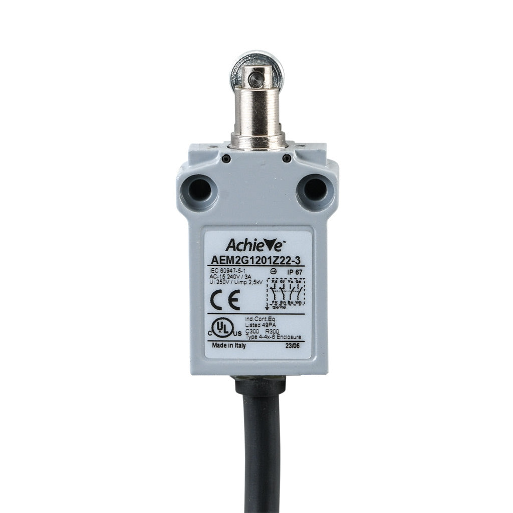 AchieVe compact limit switch, metal plunger with metal roller, (2) N.O./(2) N.C. contact(s), snap action, 25mm hole spacing, zinc alloy, pigtail, 9.8ft/3m cable length, bottom exit.-AEM2G1201Z22-3