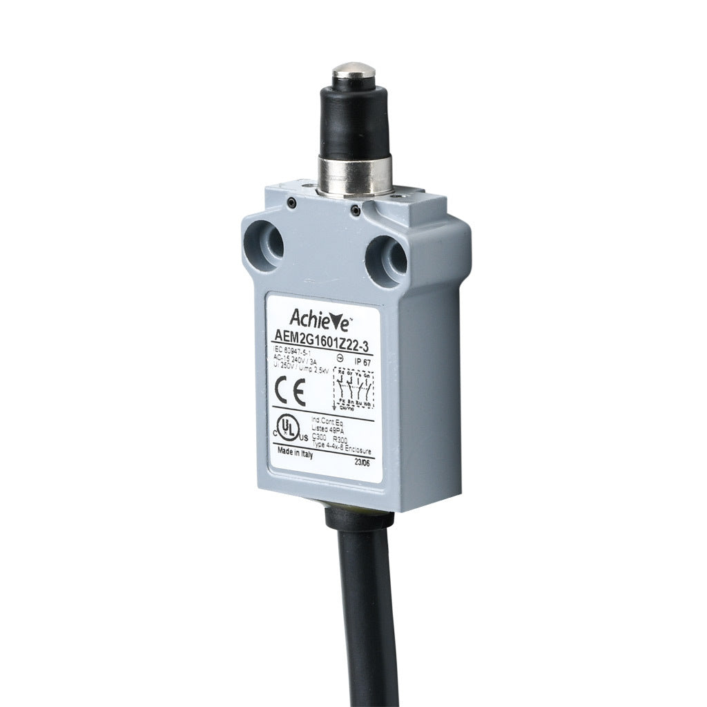 AchieVe compact limit switch, metal plunger with dust cap, (2) N.O./(2) N.C. contact(s), snap action, 25mm hole spacing, zinc alloy, pigtail, 9.8ft/3m cable length, bottom exit.-AEM2G1601Z22-3