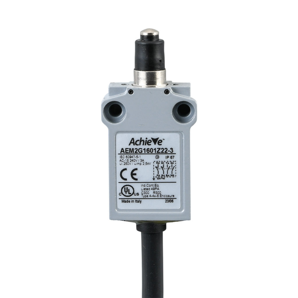 AchieVe compact limit switch, metal plunger with dust cap, (2) N.O./(2) N.C. contact(s), snap action, 25mm hole spacing, zinc alloy, pigtail, 9.8ft/3m cable length, bottom exit.-AEM2G1601Z22-3