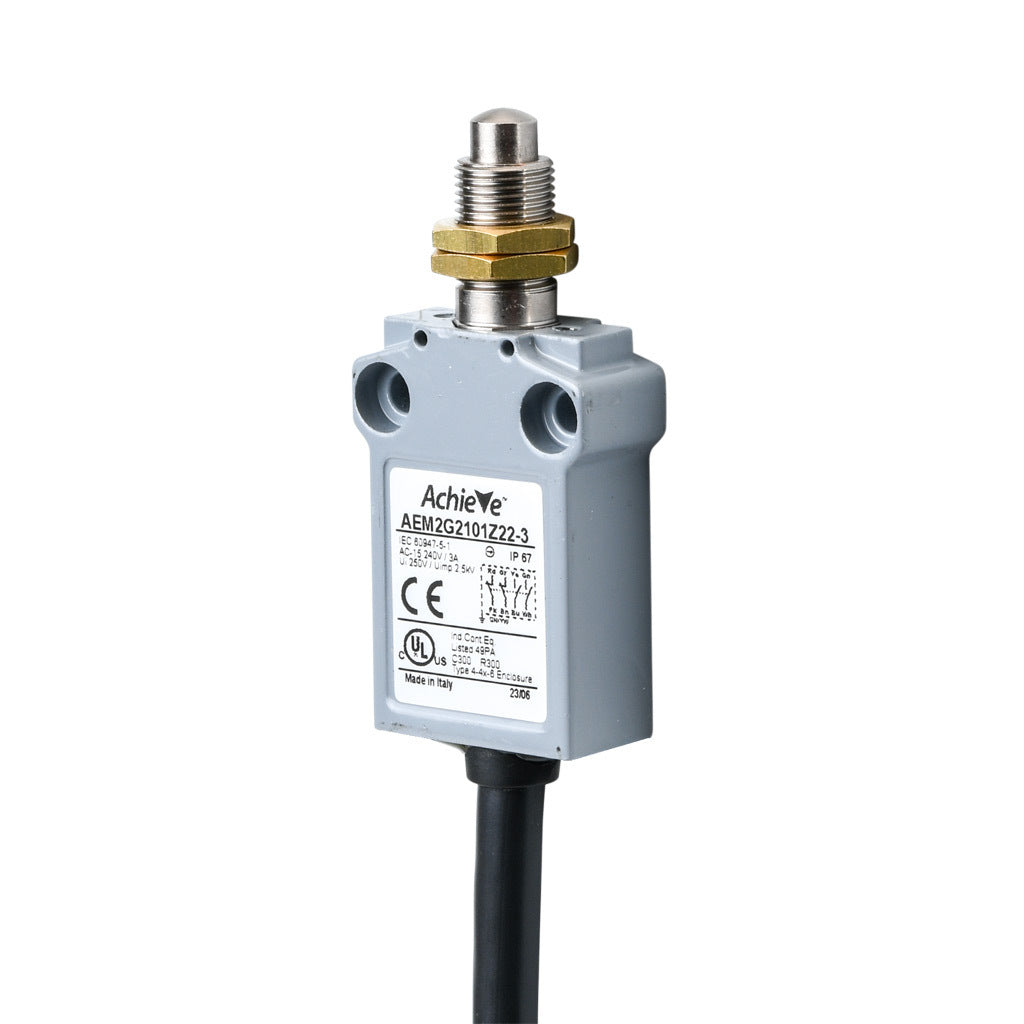 AchieVe compact limit switch, metal plunger with fixing nuts, (2) N.O./(2) N.C. contact(s), snap action, 25mm hole spacing, zinc alloy, pigtail, 9.8ft/3m cable length, bottom exit.-AEM2G2101Z22-3