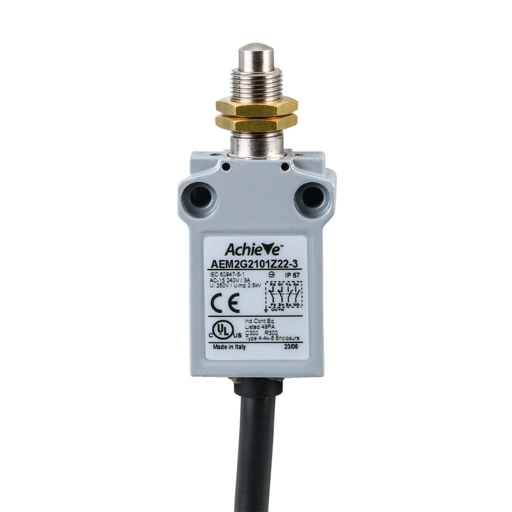 AchieVe compact limit switch, metal plunger with fixing nuts, (2) N.O./(2) N.C. contact(s), snap action, 25mm hole spacing, zinc alloy, pigtail, 9.8ft/3m cable length, bottom exit.-AEM2G2101Z22-3