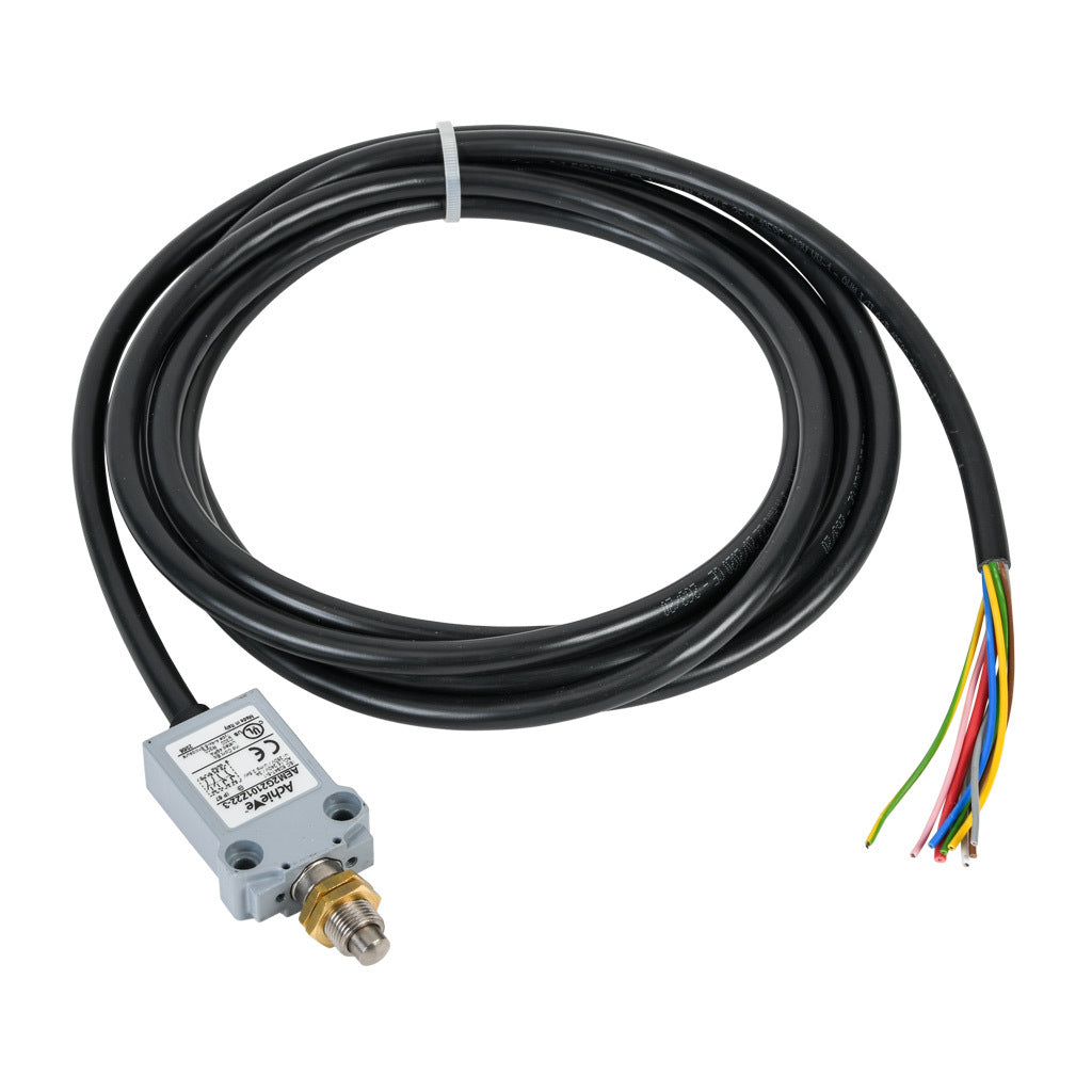 AchieVe compact limit switch, metal plunger with fixing nuts, (2) N.O./(2) N.C. contact(s), snap action, 25mm hole spacing, zinc alloy, pigtail, 9.8ft/3m cable length, bottom exit.-AEM2G2101Z22-3