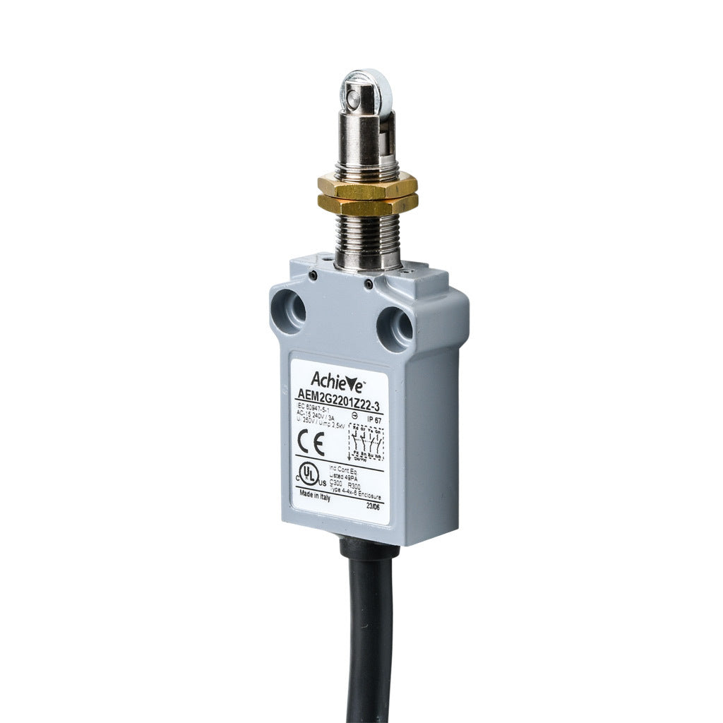 AchieVe compact limit switch, metal plunger with metal roller and fixing nuts, (2) N.O./(2) N.C. contact(s), snap action, 25mm hole spacing, zinc alloy, pigtail, 9.8ft/3m cable length, bottom exit.-AEM2G2201Z22-3