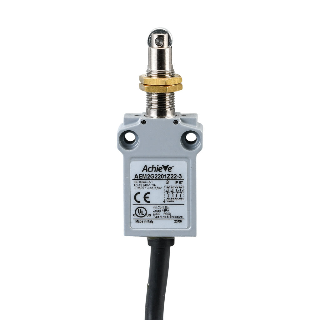 AchieVe compact limit switch, metal plunger with metal roller and fixing nuts, (2) N.O./(2) N.C. contact(s), snap action, 25mm hole spacing, zinc alloy, pigtail, 9.8ft/3m cable length, bottom exit.-AEM2G2201Z22-3
