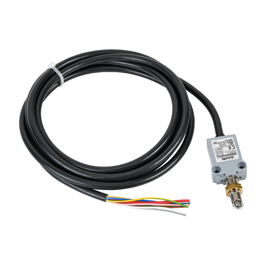 AchieVe compact limit switch, metal plunger with metal roller and fixing nuts, (2) N.O./(2) N.C. contact(s), snap action, 25mm hole spacing, zinc alloy, pigtail, 9.8ft/3m cable length, bottom exit.-AEM2G2201Z22-3