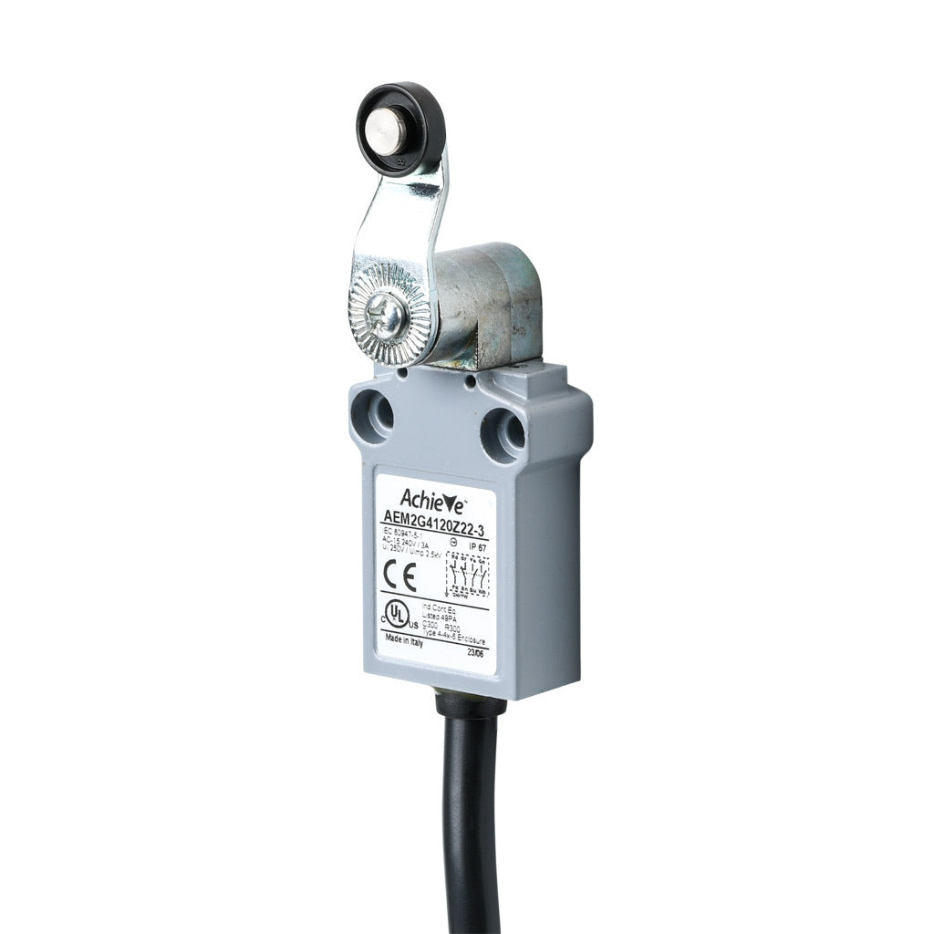 AchieVe compact limit switch, side rotary lever with 14mm nylon roller, (2) N.O./(2) N.C. contact(s), snap action, 25mm hole spacing, zinc alloy, pigtail, 9.8ft/3m cable length, bottom exit.-AEM2G4120Z22-3
