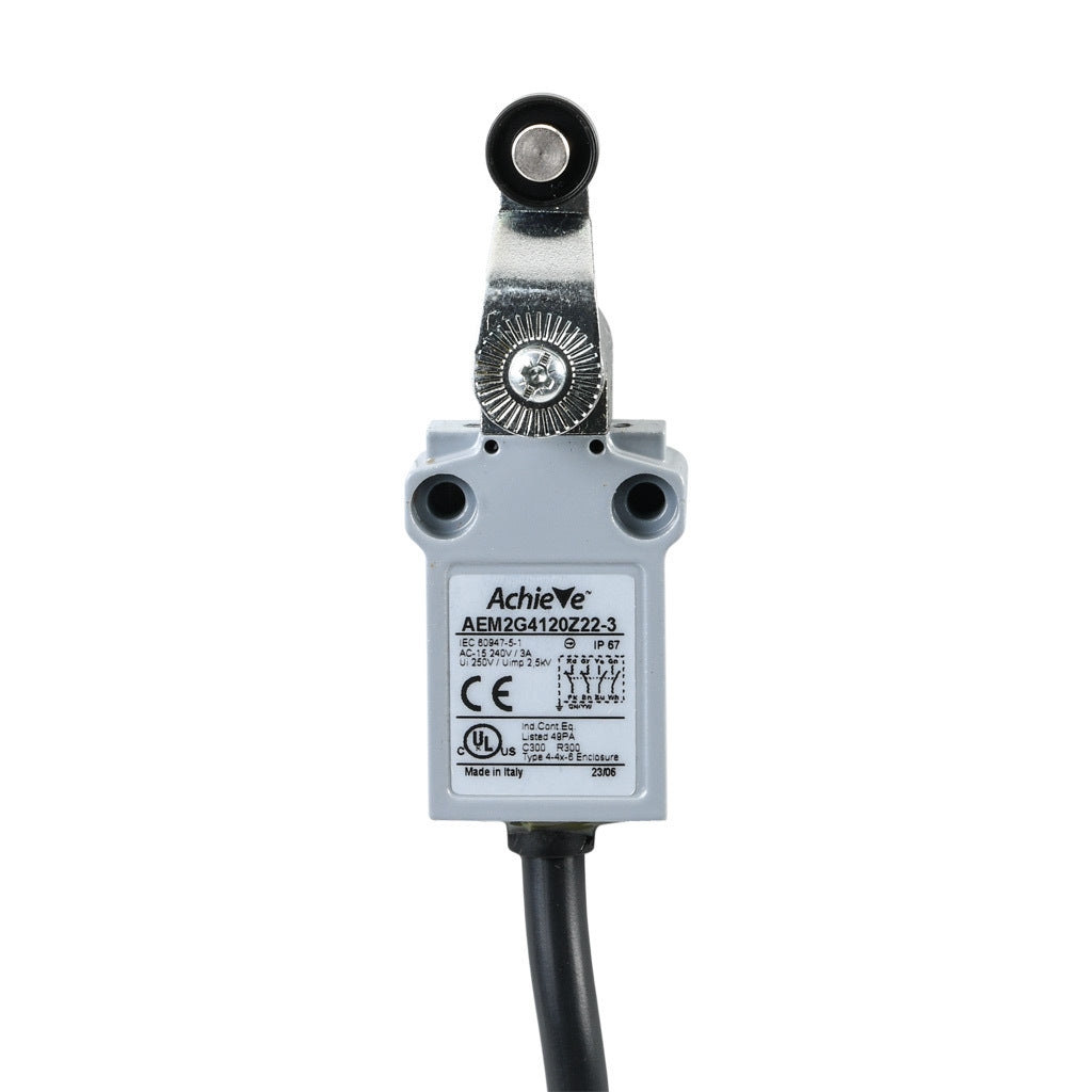 AchieVe compact limit switch, side rotary lever with 14mm nylon roller, (2) N.O./(2) N.C. contact(s), snap action, 25mm hole spacing, zinc alloy, pigtail, 9.8ft/3m cable length, bottom exit.-AEM2G4120Z22-3