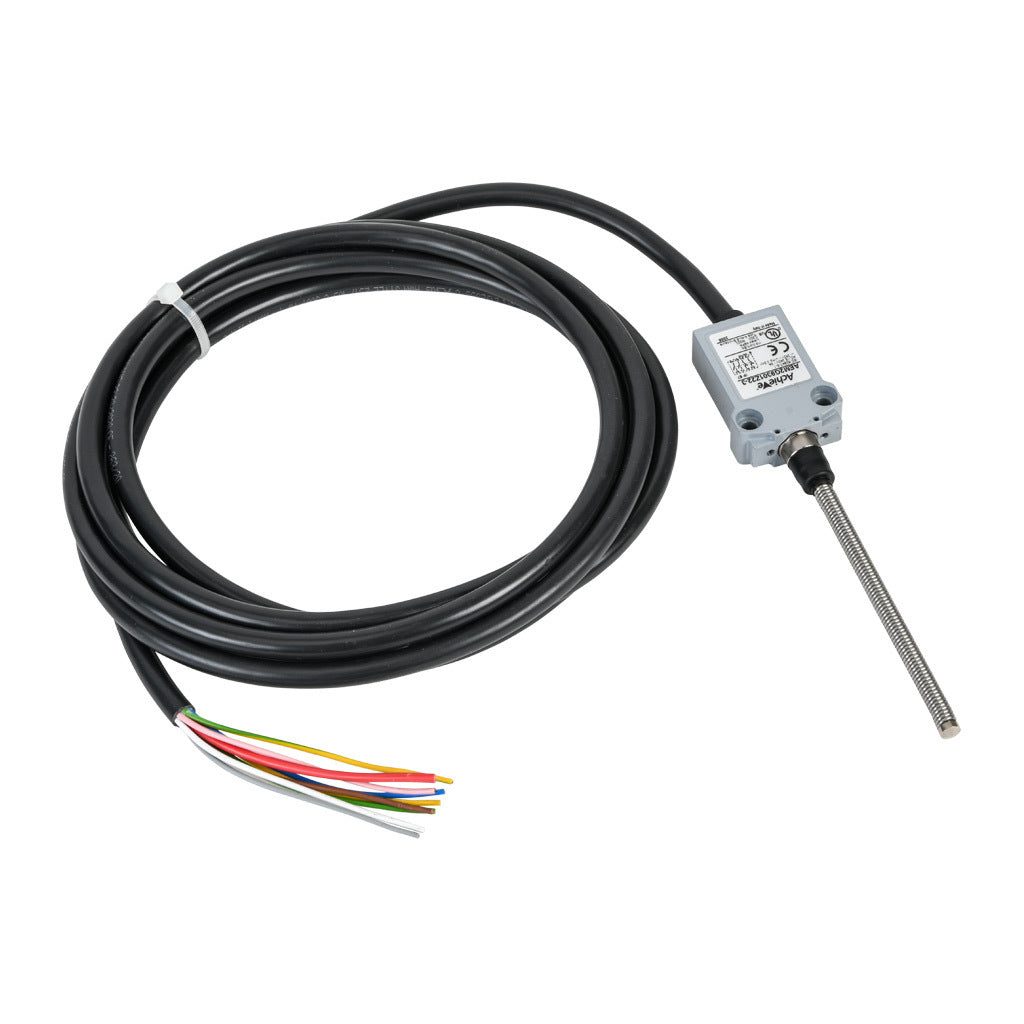 AchieVe compact limit switch, side rotary lever with 14mm nylon roller, (2) N.O./(2) N.C. contact(s), snap action, 25mm hole spacing, zinc alloy, pigtail, 9.8ft/3m cable length, bottom exit.-AEM2G4120Z22-3