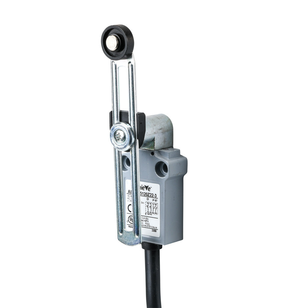 AchieVe compact limit switch, side rotary adjustable lever with 18mm nylon roller, (2) N.O./(2) N.C. contact(s), snap action, 25mm hole spacing, zinc alloy, pigtail, 9.8ft/3m cable length, bottom exit.-AEM2G5120Z22-3