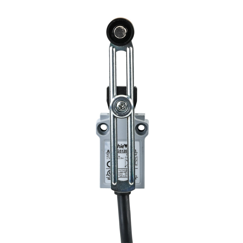 AchieVe compact limit switch, side rotary adjustable lever with 18mm nylon roller, (2) N.O./(2) N.C. contact(s), snap action, 25mm hole spacing, zinc alloy, pigtail, 9.8ft/3m cable length, bottom exit.-AEM2G5120Z22-3