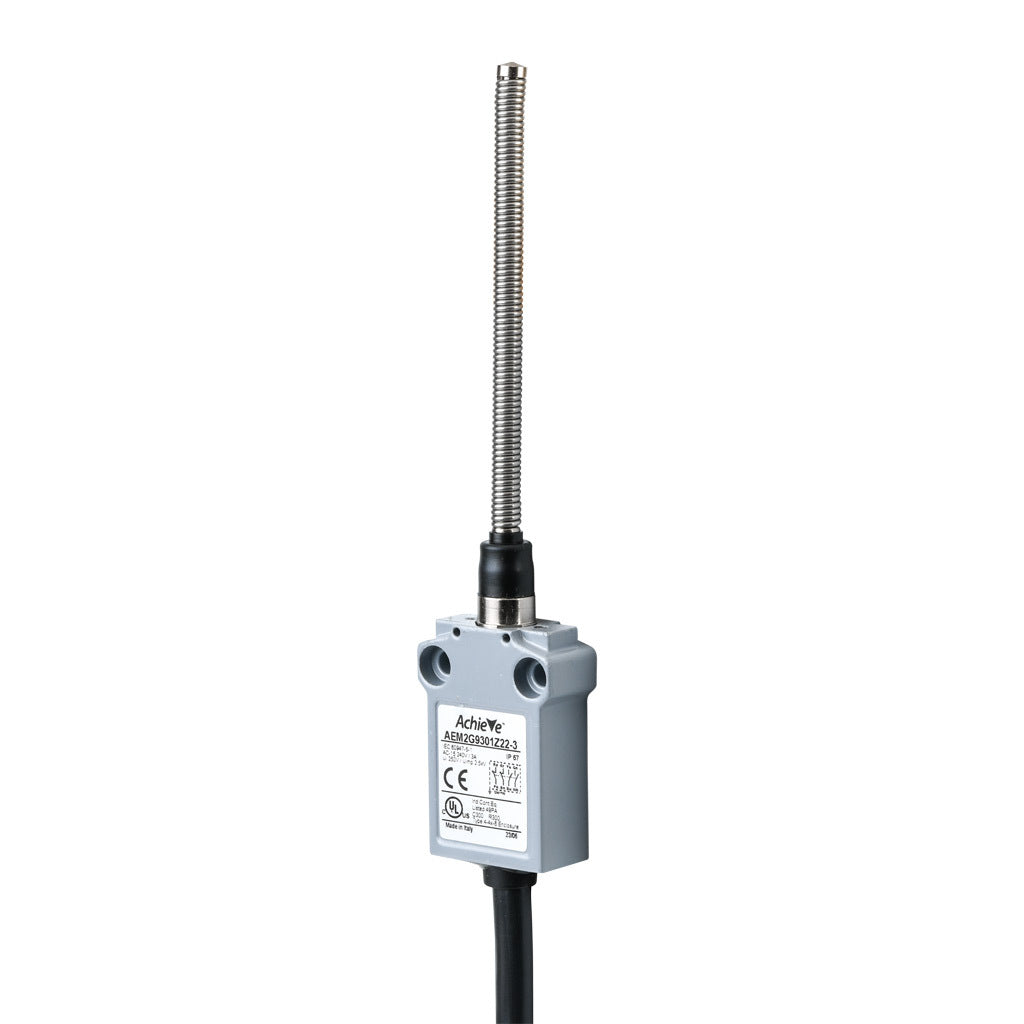 AchieVe compact limit switch, 360 degree stainless steel spring, (2) N.O./(2) N.C. contact(s), snap action, 25mm hole spacing, zinc alloy, pigtail, 9.8ft/3m cable length, bottom exit.-AEM2G9301Z22-3