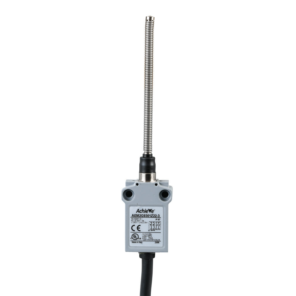 AchieVe compact limit switch, 360 degree stainless steel spring, (2) N.O./(2) N.C. contact(s), snap action, 25mm hole spacing, zinc alloy, pigtail, 9.8ft/3m cable length, bottom exit.-AEM2G9301Z22-3