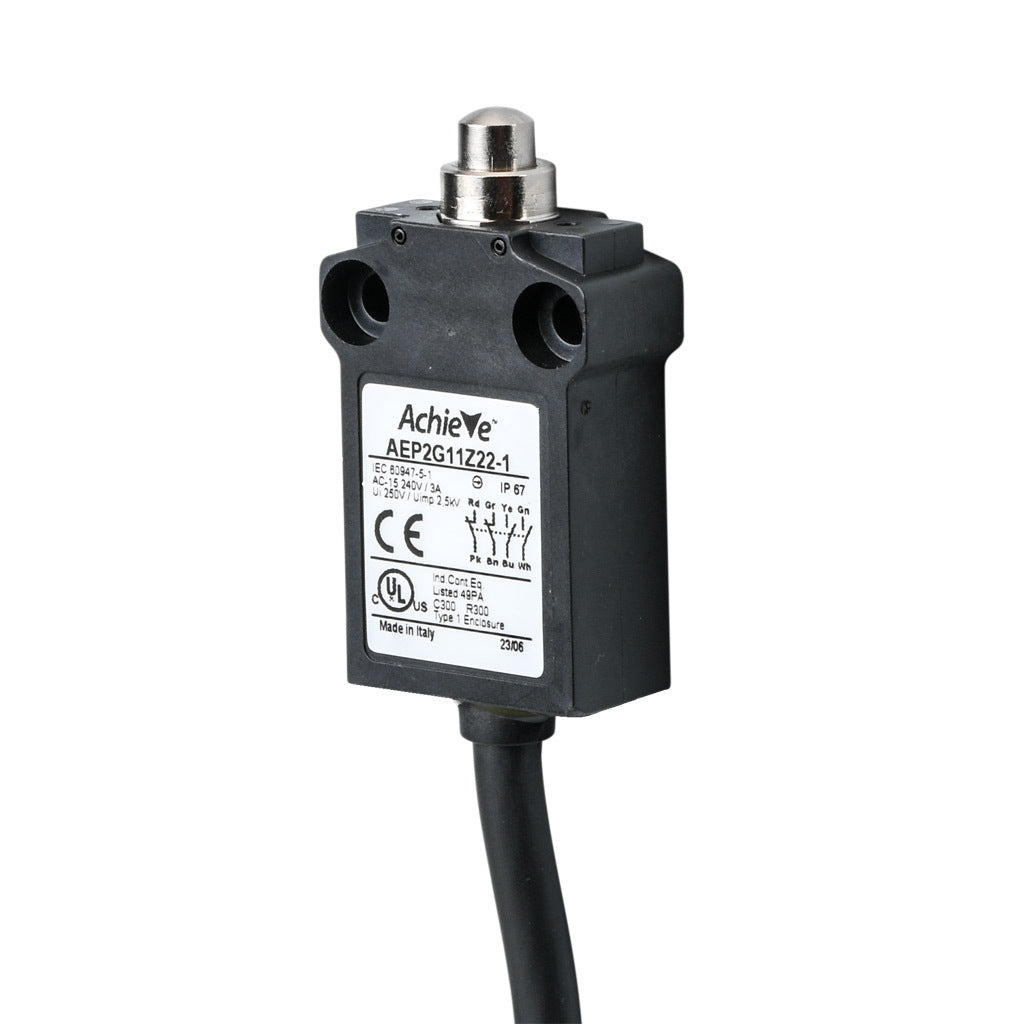 AchieVe compact limit switch, metal plunger, (2) N.O./(2) N.C. contact(s), snap action, 25mm hole spacing, plastic, pigtail, 3.2ft/1m cable length, bottom exit.-AEP2G11Z22-1