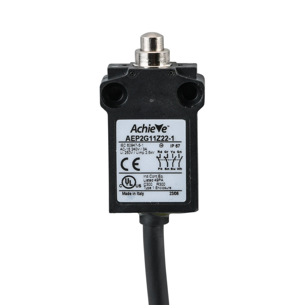 AchieVe compact limit switch, metal plunger, (2) N.O./(2) N.C. contact(s), snap action, 25mm hole spacing, plastic, pigtail, 3.2ft/1m cable length, bottom exit.-AEP2G11Z22-1