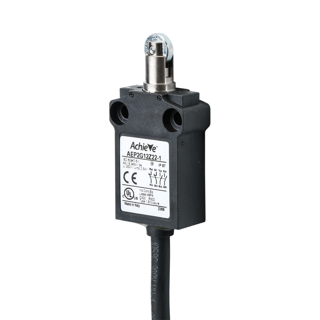 AchieVe compact limit switch, metal plunger with metal roller, (2) N.O./(2) N.C. contact(s), snap action, 25mm hole spacing, plastic, pigtail, 3.2ft/1m cable length, bottom exit.-AEP2G12Z22-1