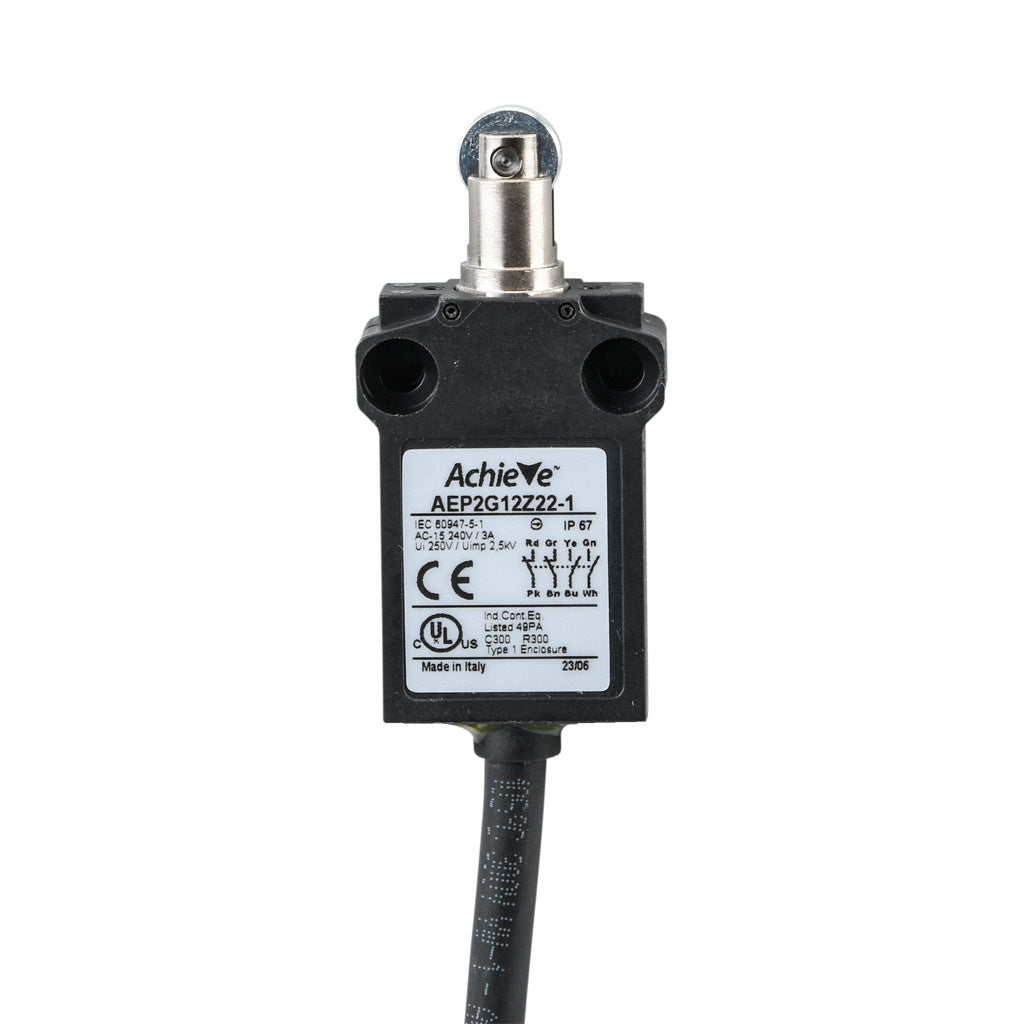 AchieVe compact limit switch, metal plunger with metal roller, (2) N.O./(2) N.C. contact(s), snap action, 25mm hole spacing, plastic, pigtail, 3.2ft/1m cable length, bottom exit.-AEP2G12Z22-1