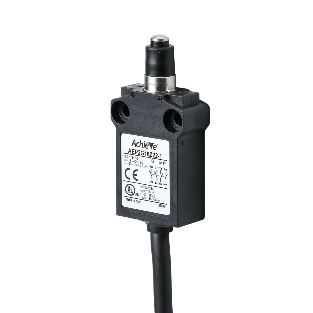 AchieVe compact limit switch, metal plunger with dust cap, (2) N.O./(2) N.C. contact(s), snap action, 25mm hole spacing, plastic, pigtail, 3.2ft/1m cable length, bottom exit.-AEP2G16Z22-1