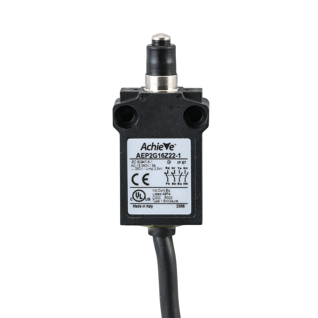 AchieVe compact limit switch, metal plunger with dust cap, (2) N.O./(2) N.C. contact(s), snap action, 25mm hole spacing, plastic, pigtail, 3.2ft/1m cable length, bottom exit.-AEP2G16Z22-1
