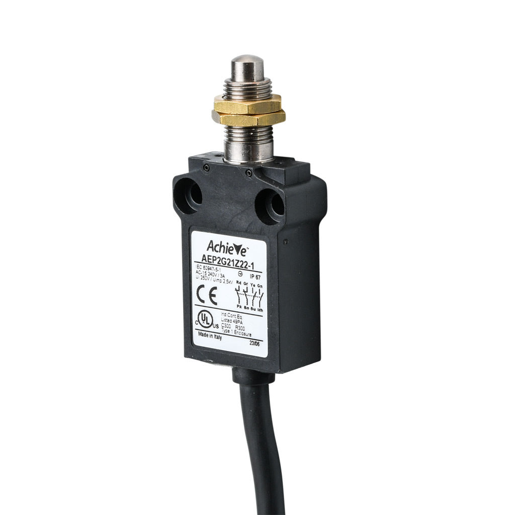 AchieVe compact limit switch, metal plunger with fixing nuts, (2) N.O./(2) N.C. contact(s), snap action, 25mm hole spacing, plastic, pigtail, 3.2ft/1m cable length, bottom exit.-AEP2G21Z22-1