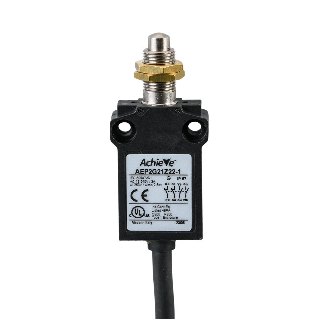 AchieVe compact limit switch, metal plunger with fixing nuts, (2) N.O./(2) N.C. contact(s), snap action, 25mm hole spacing, plastic, pigtail, 3.2ft/1m cable length, bottom exit.-AEP2G21Z22-1