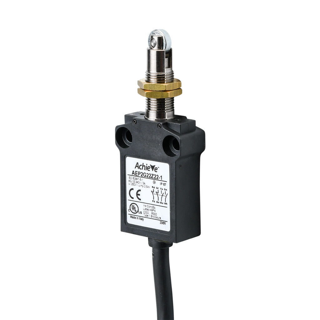 AchieVe compact limit switch, metal plunger with metal roller and fixing nuts, (2) N.O./(2) N.C. contact(s), snap action, 25mm hole spacing, plastic, pigtail, 3.2ft/1m cable length, bottom exit.-AEP2G22Z22-1