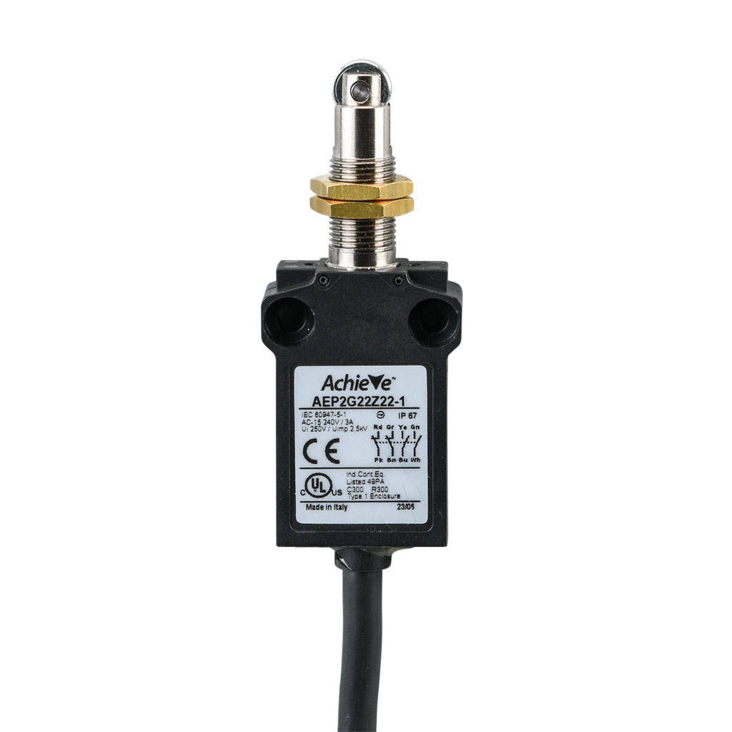 AchieVe compact limit switch, metal plunger with metal roller and fixing nuts, (2) N.O./(2) N.C. contact(s), snap action, 25mm hole spacing, plastic, pigtail, 3.2ft/1m cable length, bottom exit.-AEP2G22Z22-1
