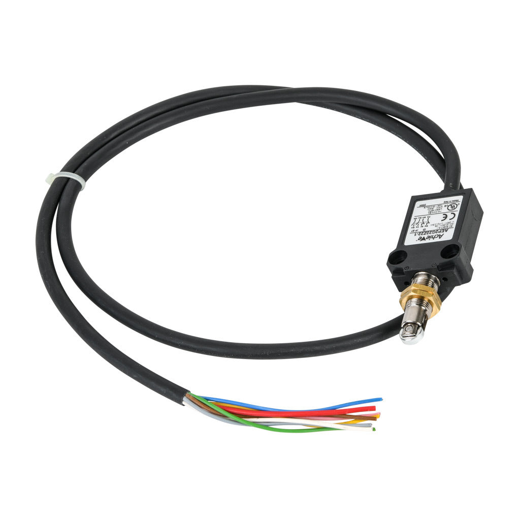 AchieVe compact limit switch, metal plunger with metal roller and fixing nuts, (2) N.O./(2) N.C. contact(s), snap action, 25mm hole spacing, plastic, pigtail, 3.2ft/1m cable length, bottom exit.-AEP2G22Z22-1