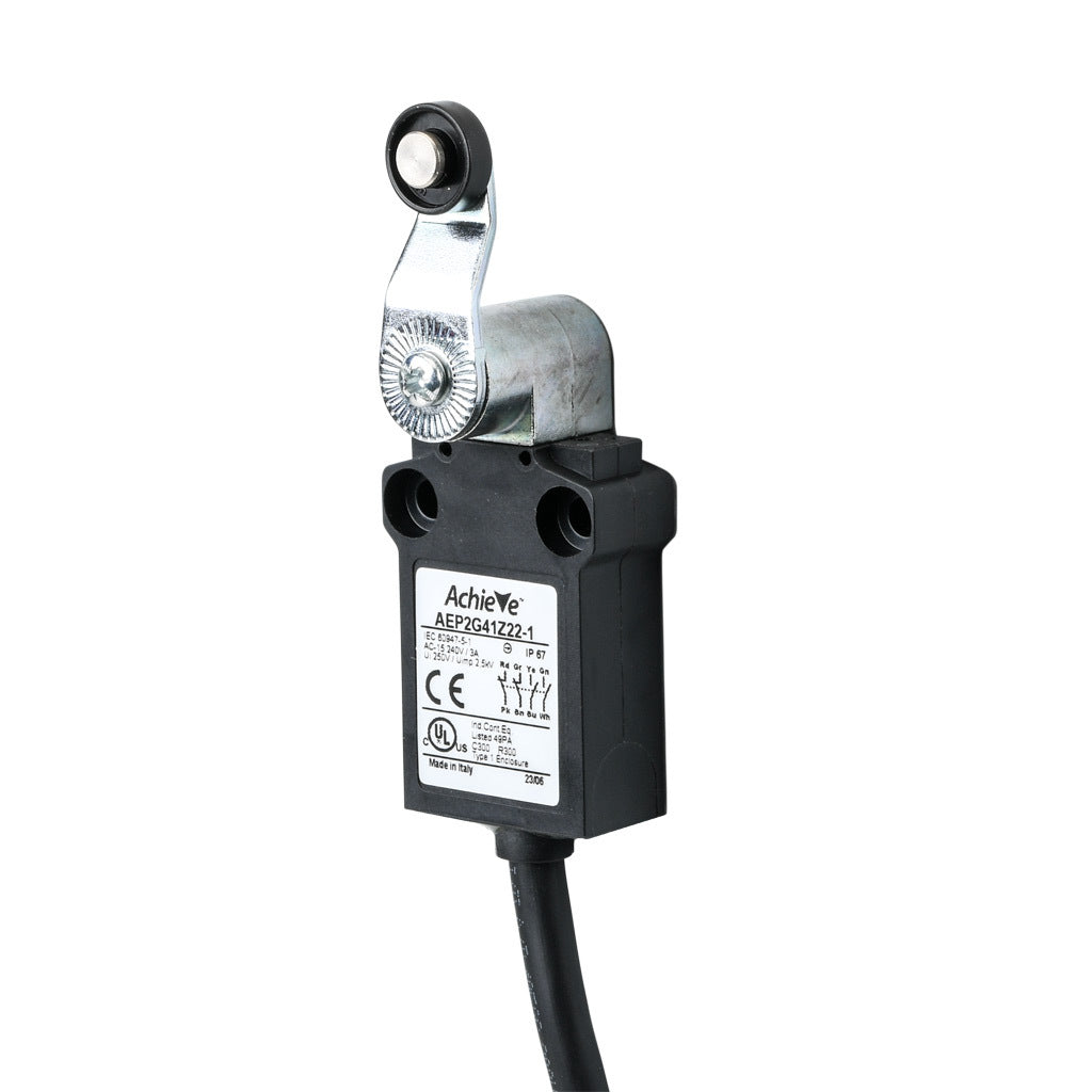 AchieVe compact limit switch, side rotary lever with 14mm nylon roller, (2) N.O./(2) N.C. contact(s), snap action, 25mm hole spacing, plastic, pigtail, 3.2ft/1m cable length, bottom exit.-AEP2G41Z22-1