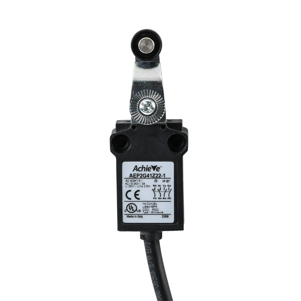 AchieVe compact limit switch, side rotary lever with 14mm nylon roller, (2) N.O./(2) N.C. contact(s), snap action, 25mm hole spacing, plastic, pigtail, 3.2ft/1m cable length, bottom exit.-AEP2G41Z22-1